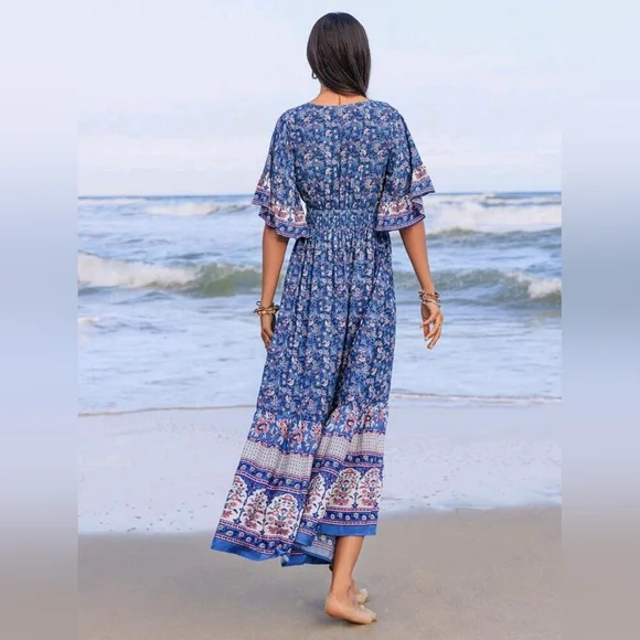 New Flowy Floral Wrap Top Ruffle Sleeve Long Dress Blue - Picture 4 of 8